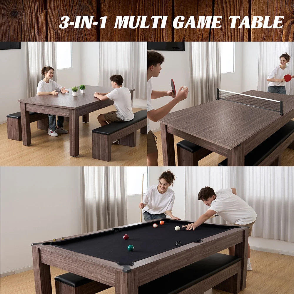 7 Ft. Monteray Pool Table, 3-In-1 Dining Top, Table Tennis with Accessories, Brown, by