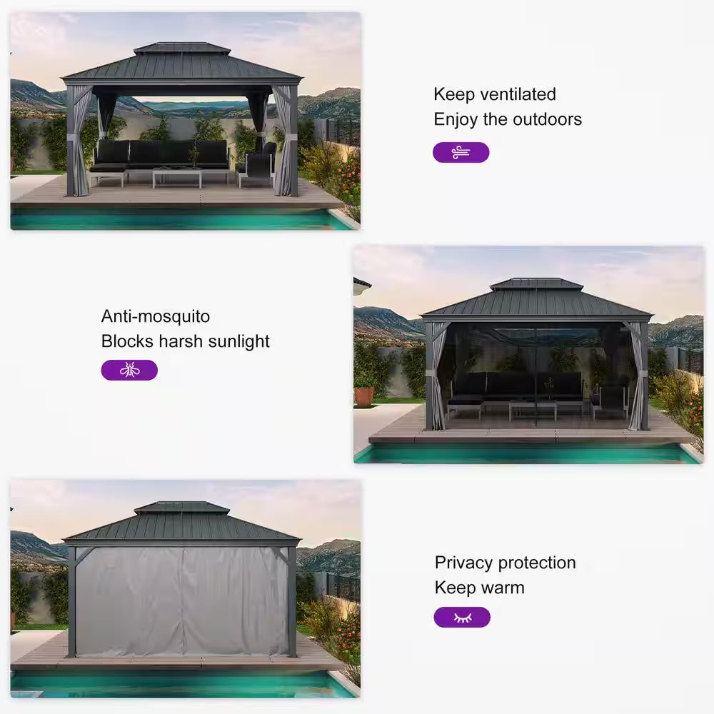 11 Ft.X 14 Ft.Gray Patio Outdoor Gazebo for Backyard Hardtop Aluminum Frame with Hooks ,Netting , Curtain 24 Lights