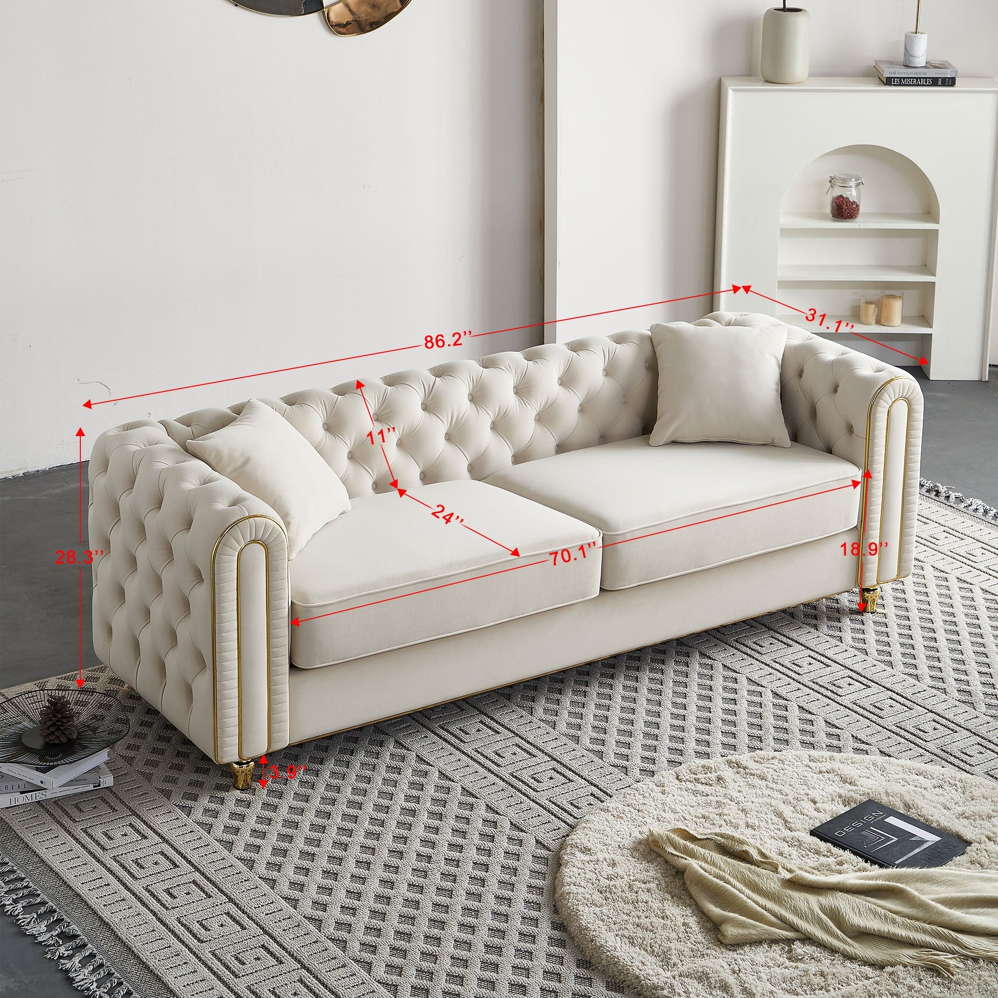 86'' W Luxury Modern Tufted Sofa with 2pcs of toss pillows for Living Room ,Bedroom,Beige Color