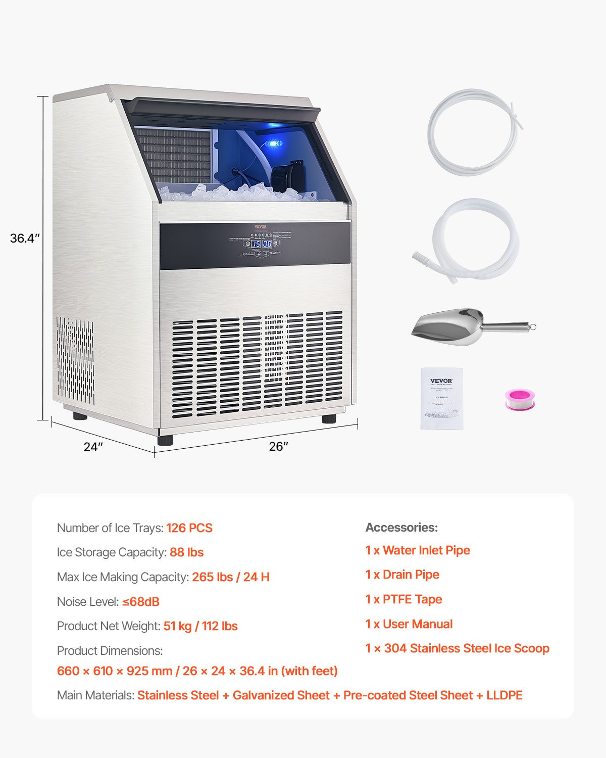 VEVOR Commercial Ice Maker Freestanding Cabinet Machine 265Lbs/24H 126 Ice Cubes