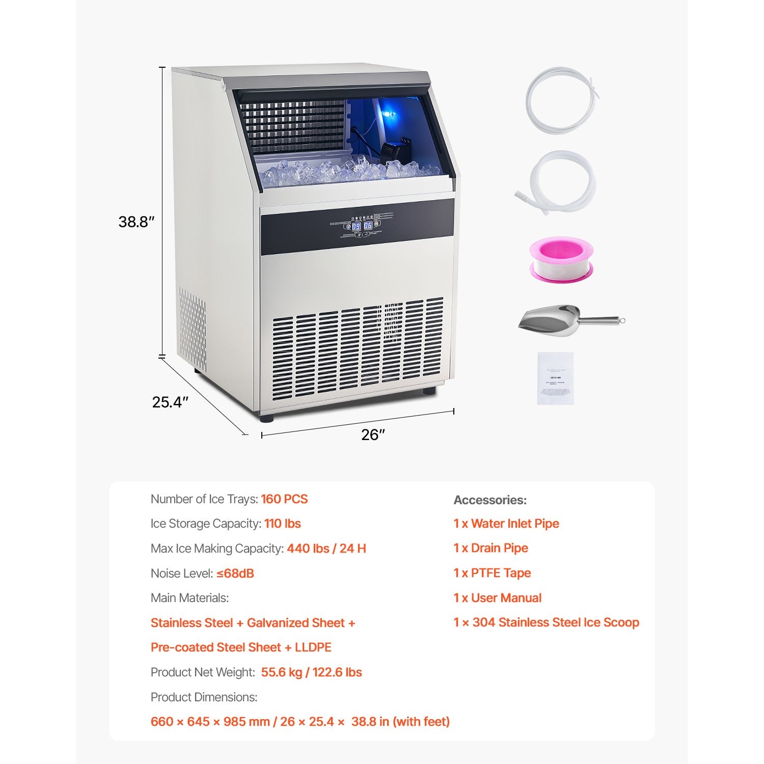 440Lbs/24H Commercial Ice Maker Freestanding Built-In Ice Machine W/Water Pump