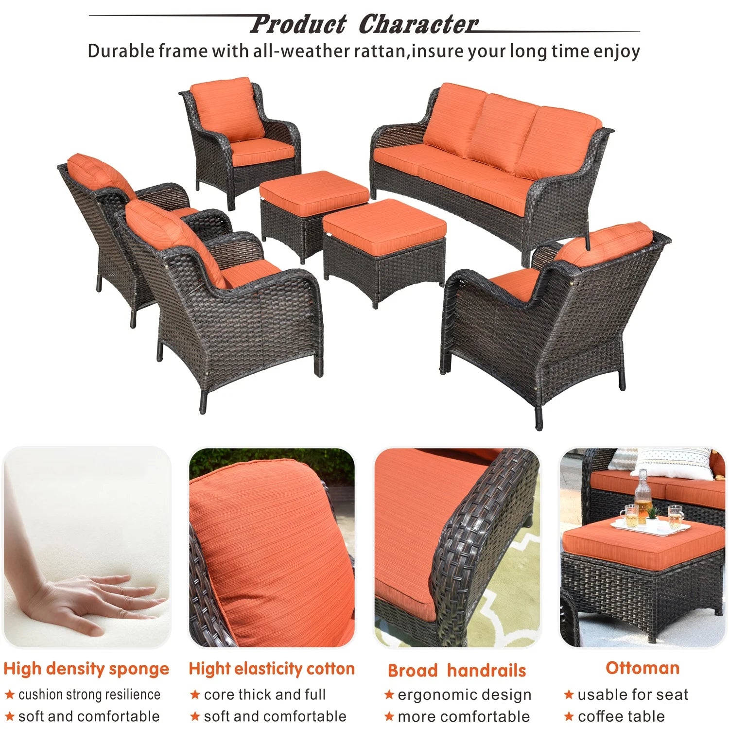 7 Pieces Patio Furniture All-Weather Patio Conversation Sets Wicker PE Rattan Outdoor Sectional Couch Sofa with Cushion Ottoman for Balcony
