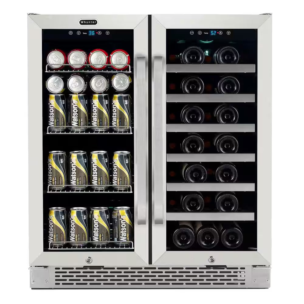 30 In. Dual Zone 33-Bottle 88-Can under Counter Beverage Wine Cooler Fridge with French Doors Stainless Steel