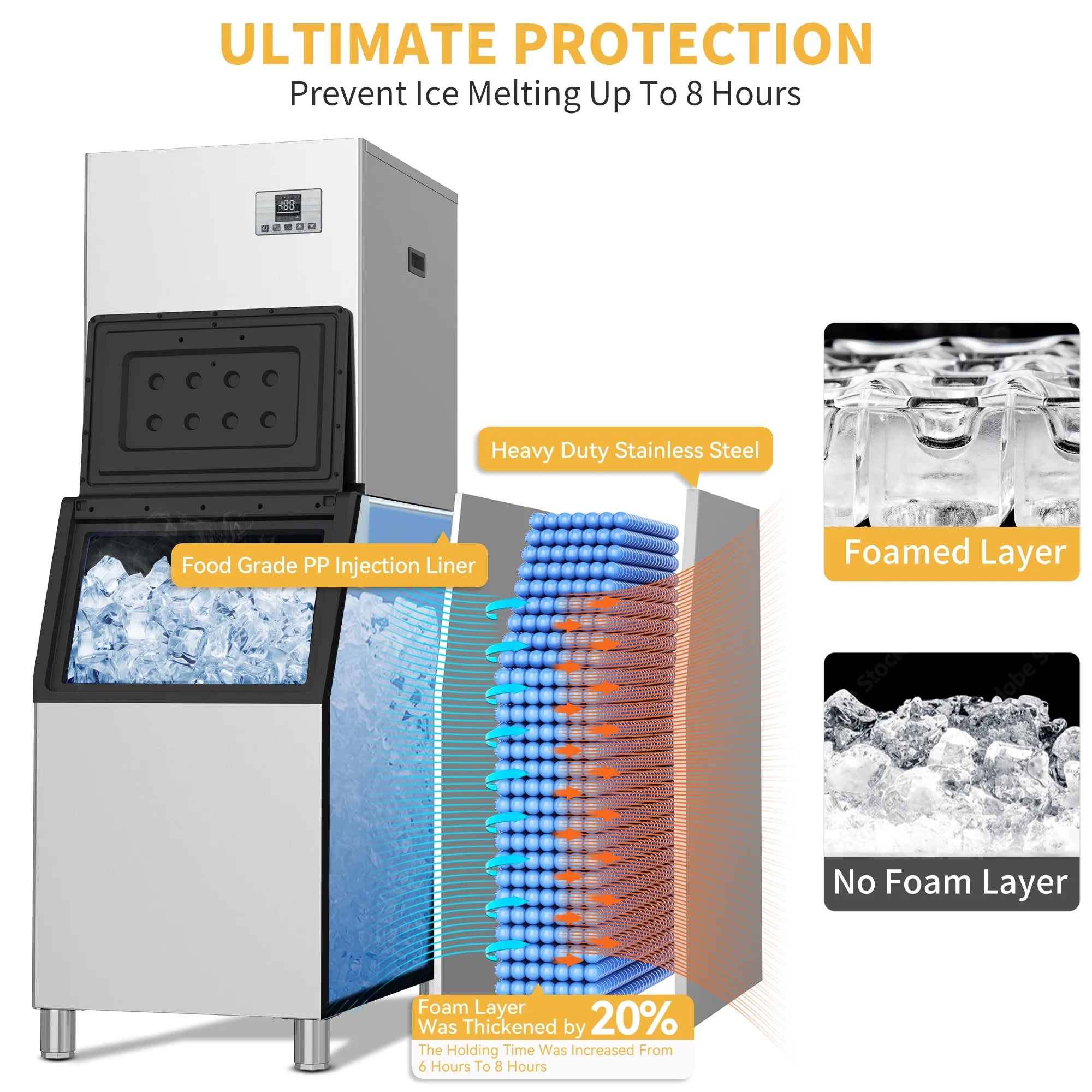 Commercial Ice Maker Machine 550LBS/24H, with 300LBS Storage Bin,Stainless Steel Ice Machine with Ice Scoop & Ice Bucket