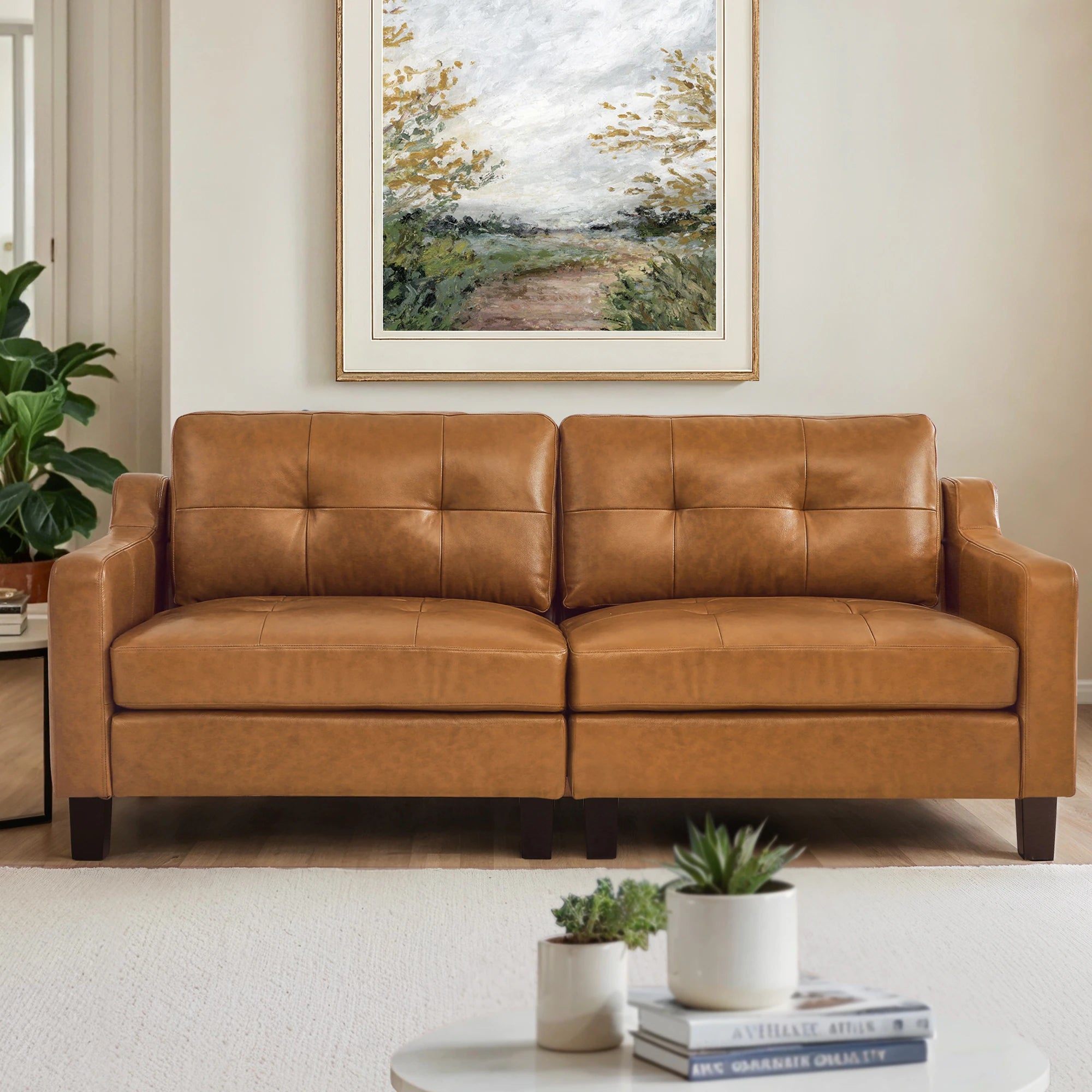 Genuine Leather Sofa Tufted Sectional Couch with Removable Cushions