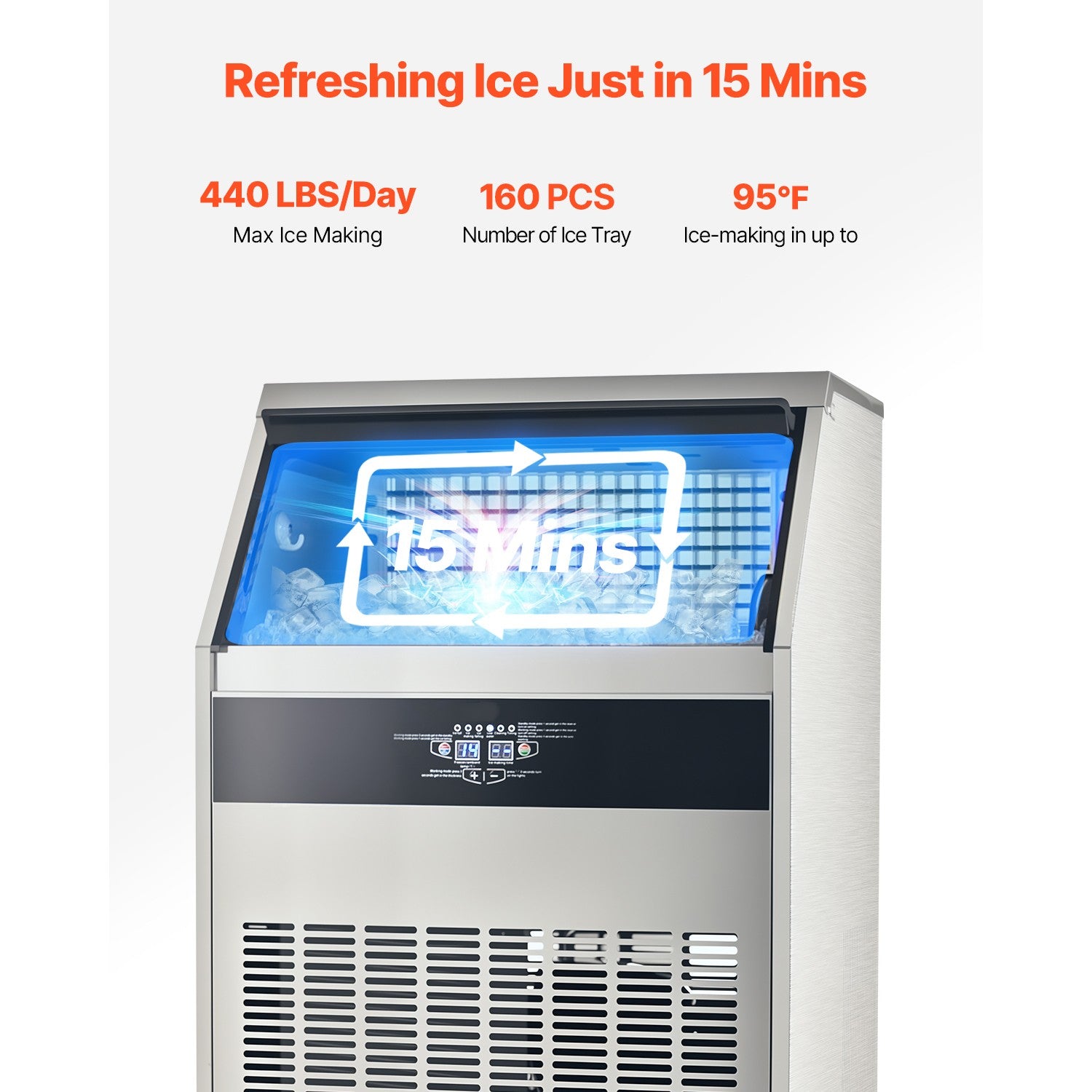 440Lbs/24H Commercial Ice Maker Freestanding Built-In Ice Machine W/Water Pump