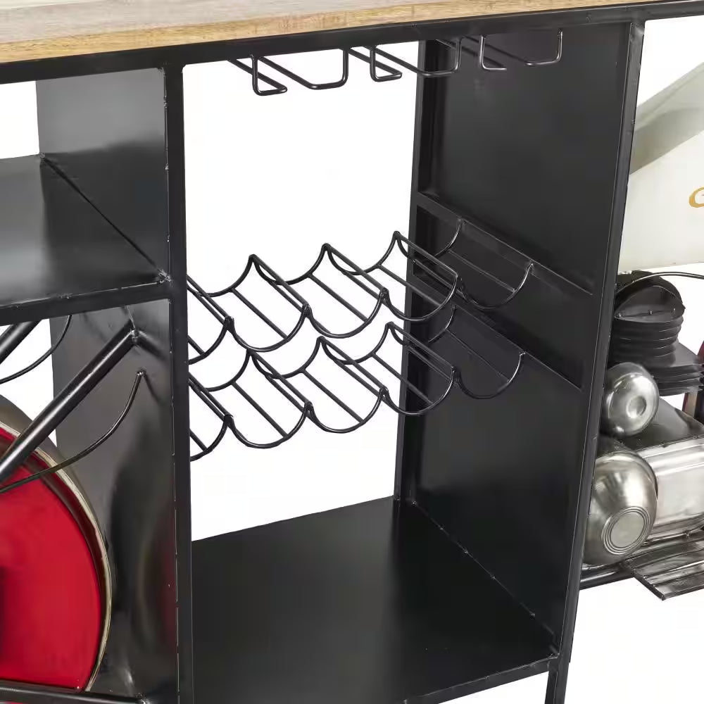 Jones 41 In. Red Metal Vintage Style 10 Bottle Motorcycle Bar with Wood Bar Top and Red Accents