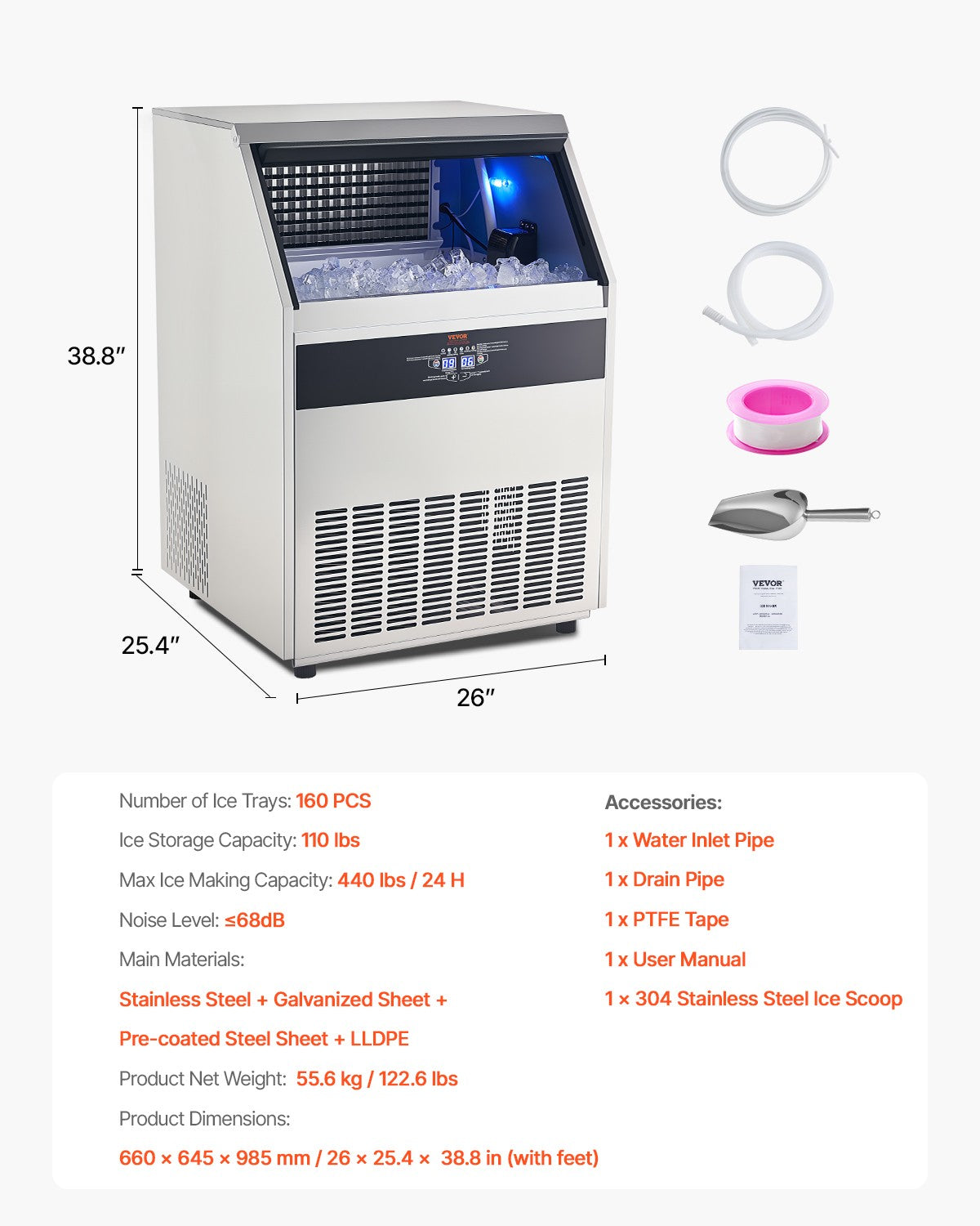 VEVOR Commercial Ice Maker Freestanding Cabinet Machine 440Lbs/24H 160 Ice Cubes