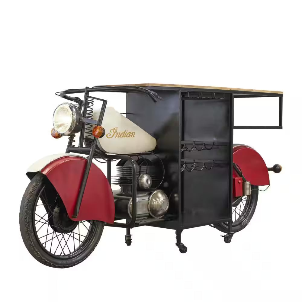 Jones 41 In. Red Metal Vintage Style 10 Bottle Motorcycle Bar with Wood Bar Top and Red Accents