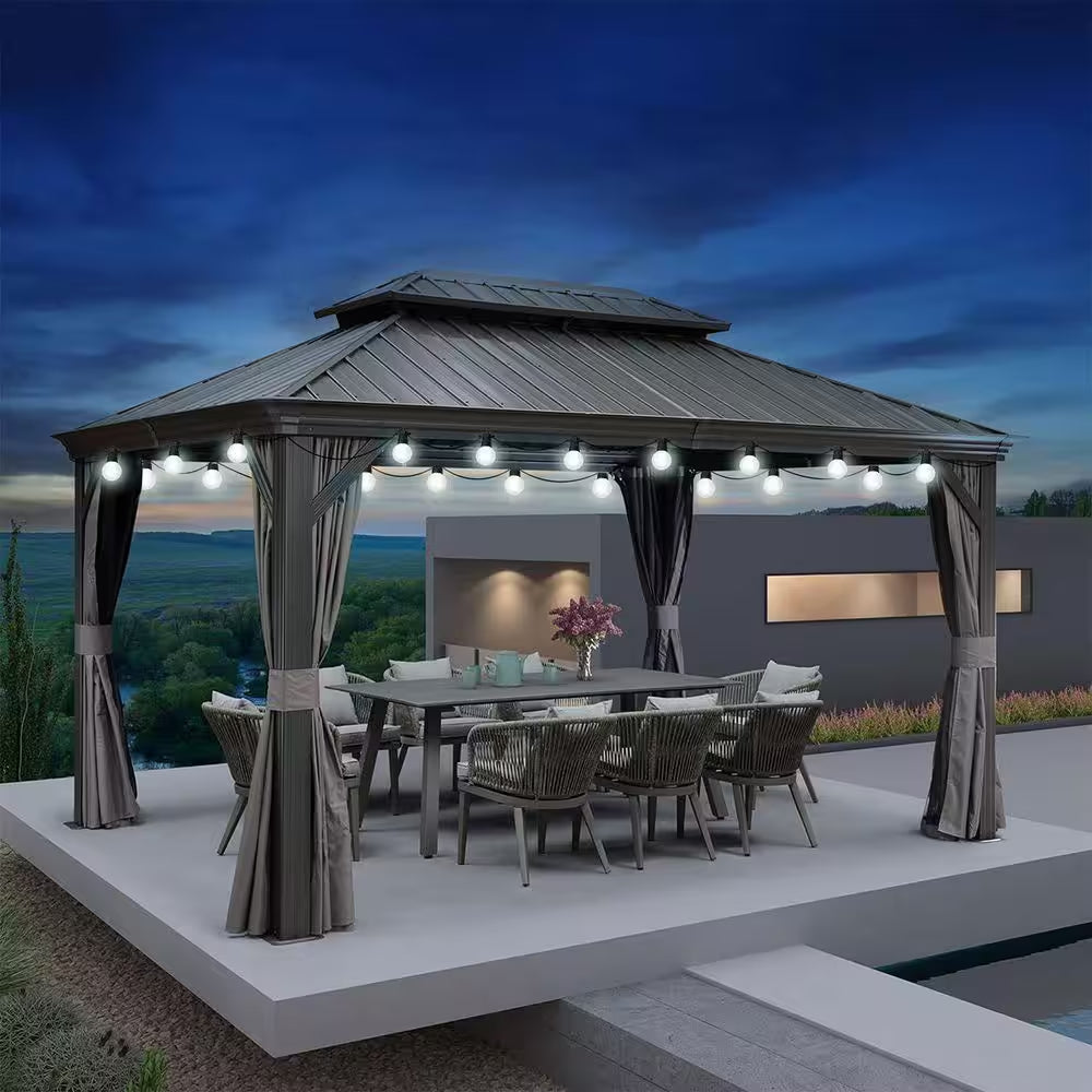 11 Ft.X 14 Ft.Gray Patio Outdoor Gazebo for Backyard Hardtop Aluminum Frame with Hooks ,Netting , Curtain 24 Lights