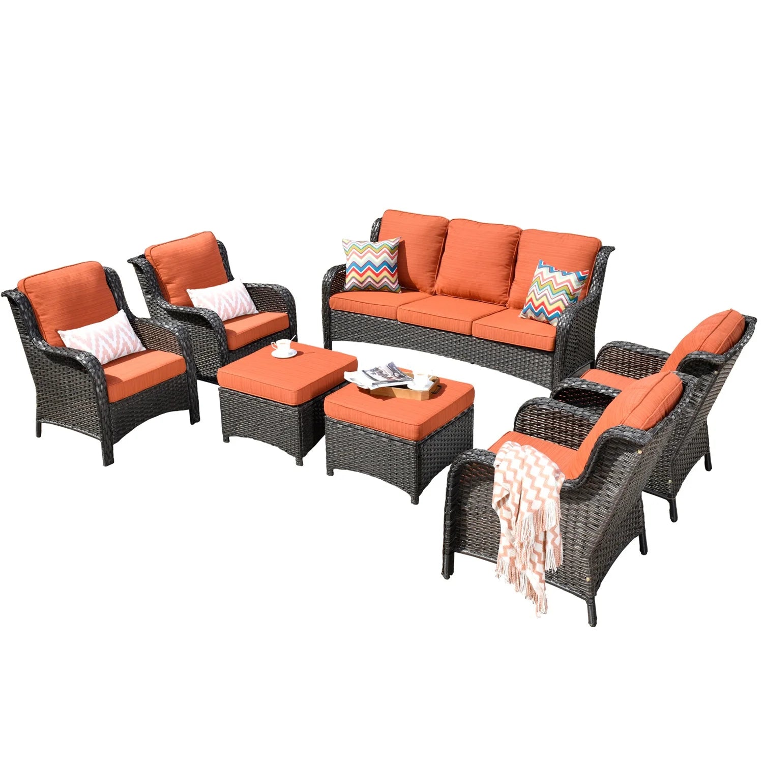 7 Pieces Patio Furniture All-Weather Patio Conversation Sets Wicker PE Rattan Outdoor Sectional Couch Sofa with Cushion Ottoman for Balcony