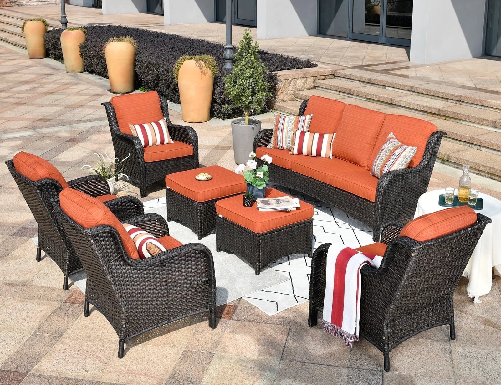 7 Pieces Patio Furniture All-Weather Patio Conversation Sets Wicker PE Rattan Outdoor Sectional Couch Sofa with Cushion Ottoman for Balcony