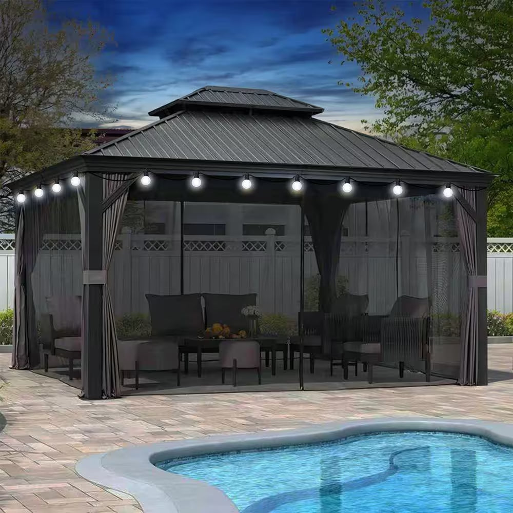 11 Ft.X 14 Ft.Gray Patio Outdoor Gazebo for Backyard Hardtop Aluminum Frame with Hooks ,Netting , Curtain 24 Lights