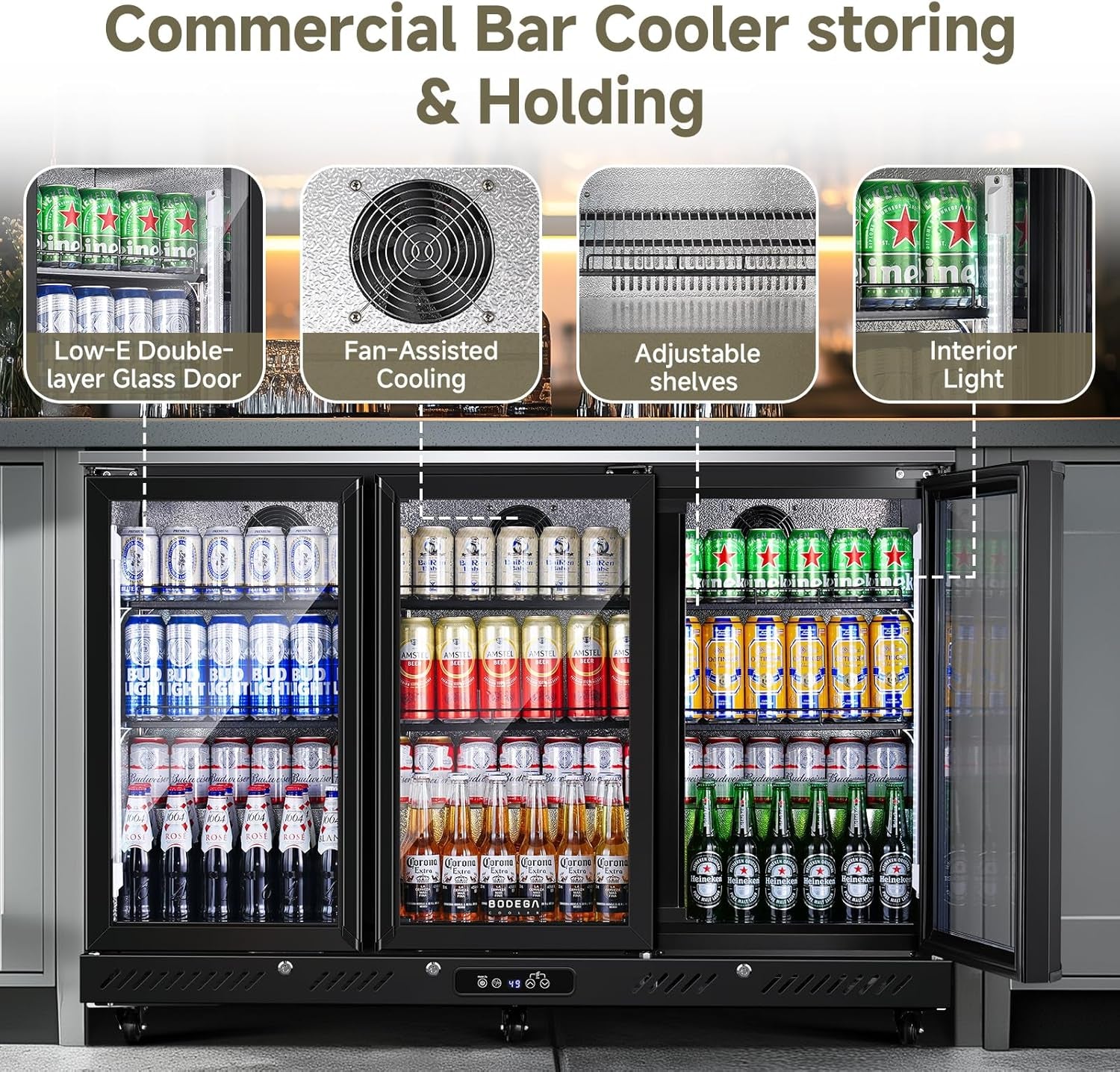 COOLER Commercial Bar Cooler with 3 Glass Doors,12 Cu.Ft Counter Height Back Bev