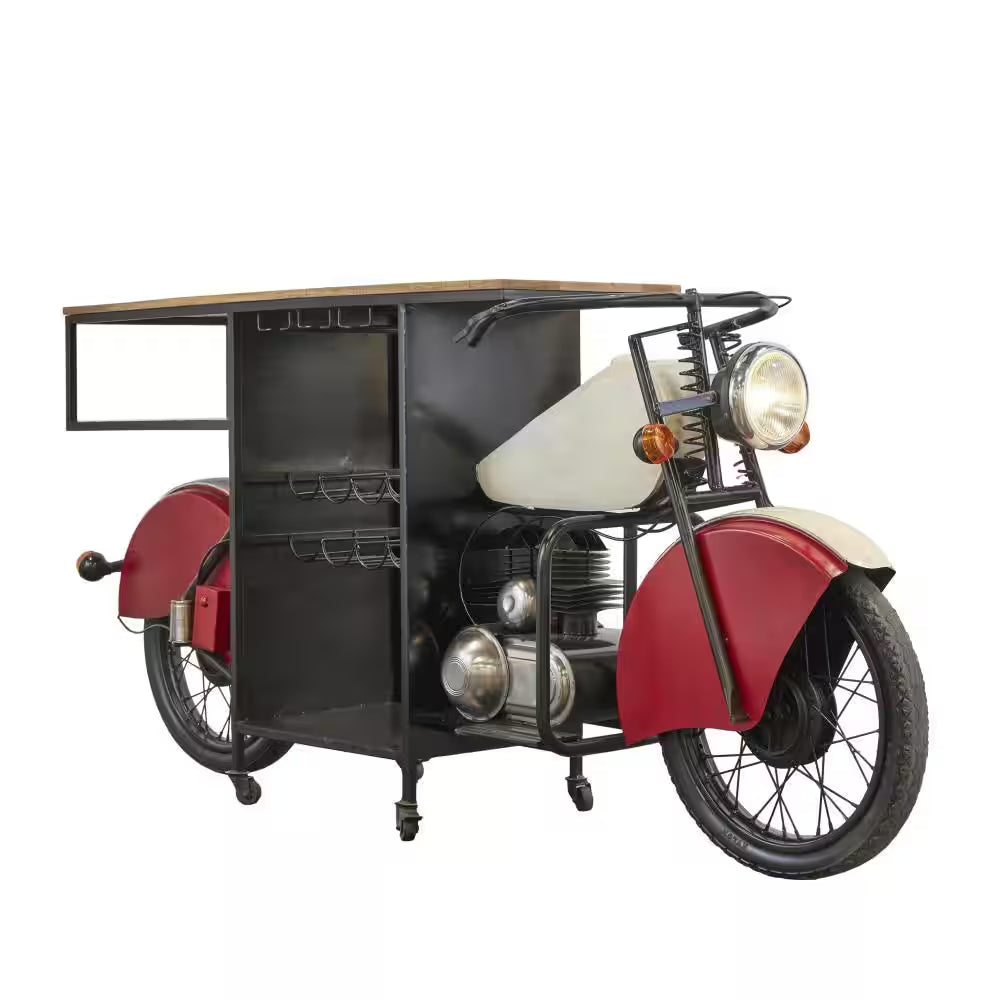 Jones 41 In. Red Metal Vintage Style 10 Bottle Motorcycle Bar with Wood Bar Top and Red Accents