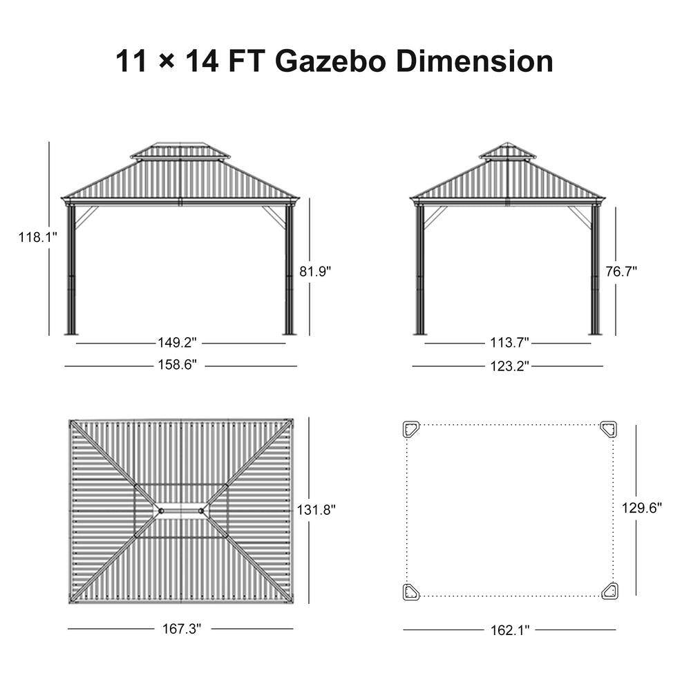 11 Ft.X 14 Ft.Gray Patio Outdoor Gazebo for Backyard Hardtop Aluminum Frame with Hooks ,Netting , Curtain 24 Lights