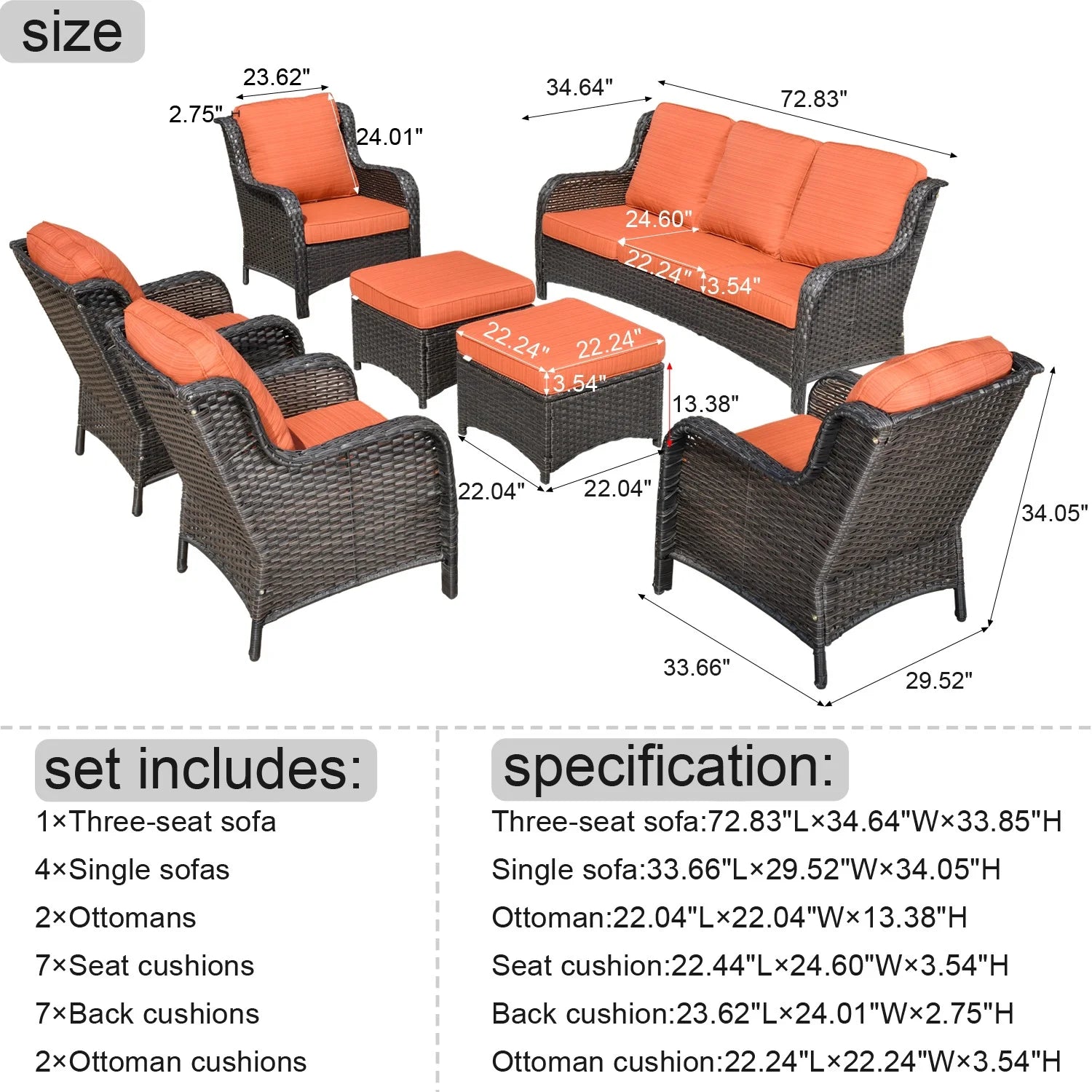 7 Pieces Patio Furniture All-Weather Patio Conversation Sets Wicker PE Rattan Outdoor Sectional Couch Sofa with Cushion Ottoman for Balcony
