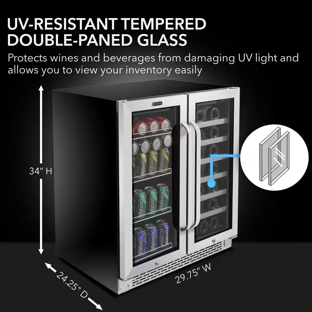 30 In. Dual Zone 33-Bottle 88-Can under Counter Beverage Wine Cooler Fridge with French Doors Stainless Steel