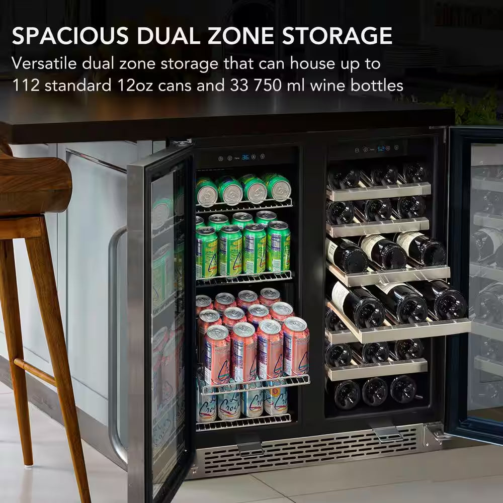 30 In. Dual Zone 33-Bottle 88-Can under Counter Beverage Wine Cooler Fridge with French Doors Stainless Steel