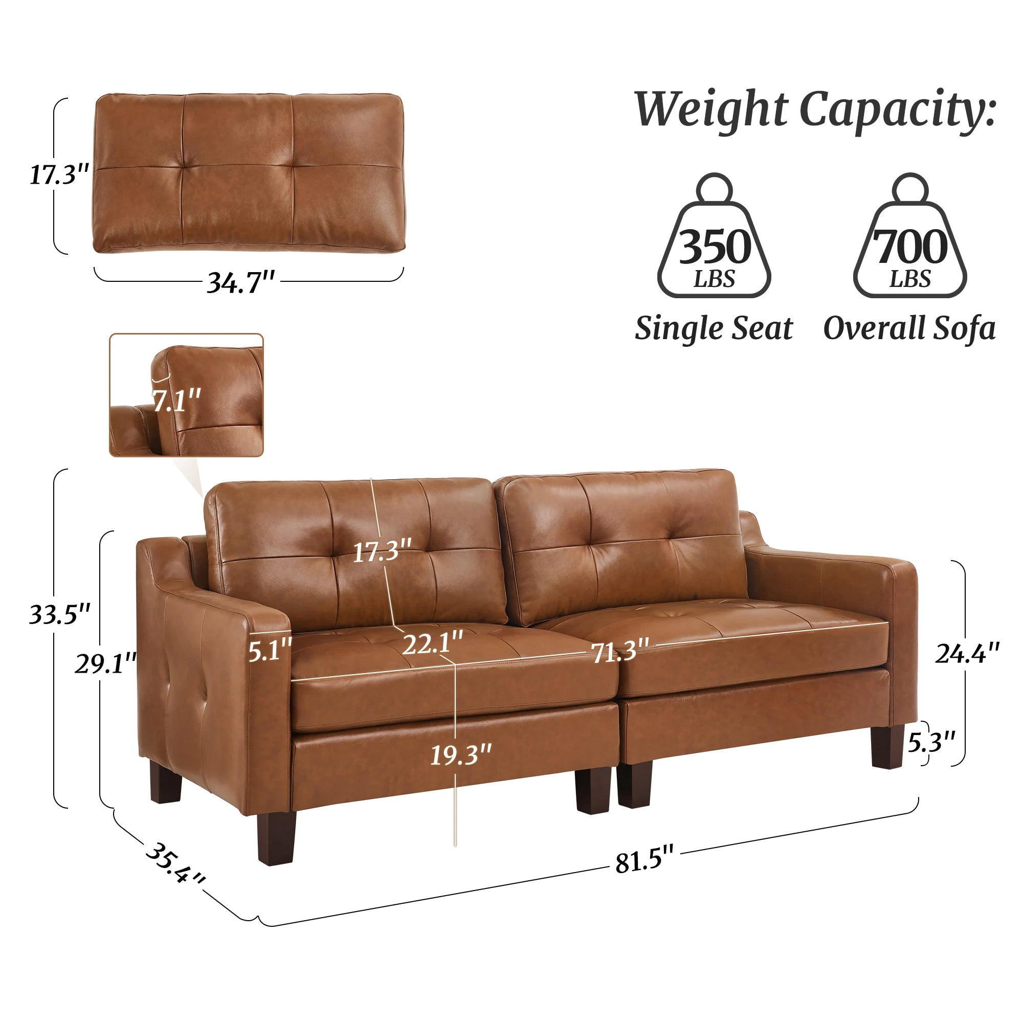 Genuine Leather Sofa Tufted Sectional Couch with Removable Cushions