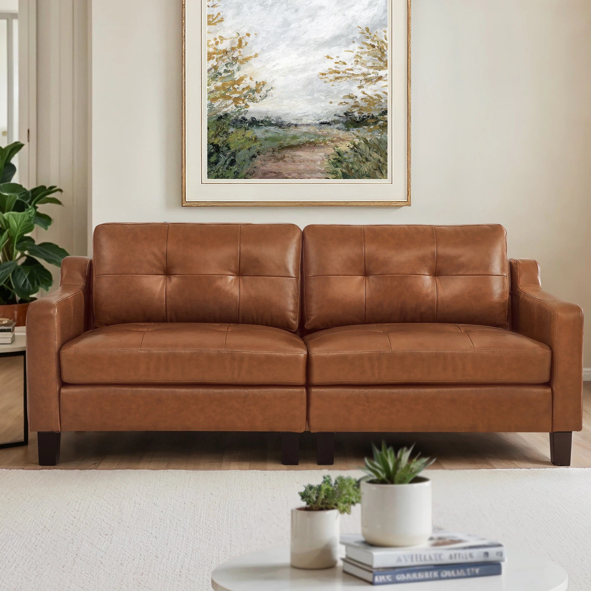 Genuine Leather Sofa Tufted Sectional Couch with Removable Cushions