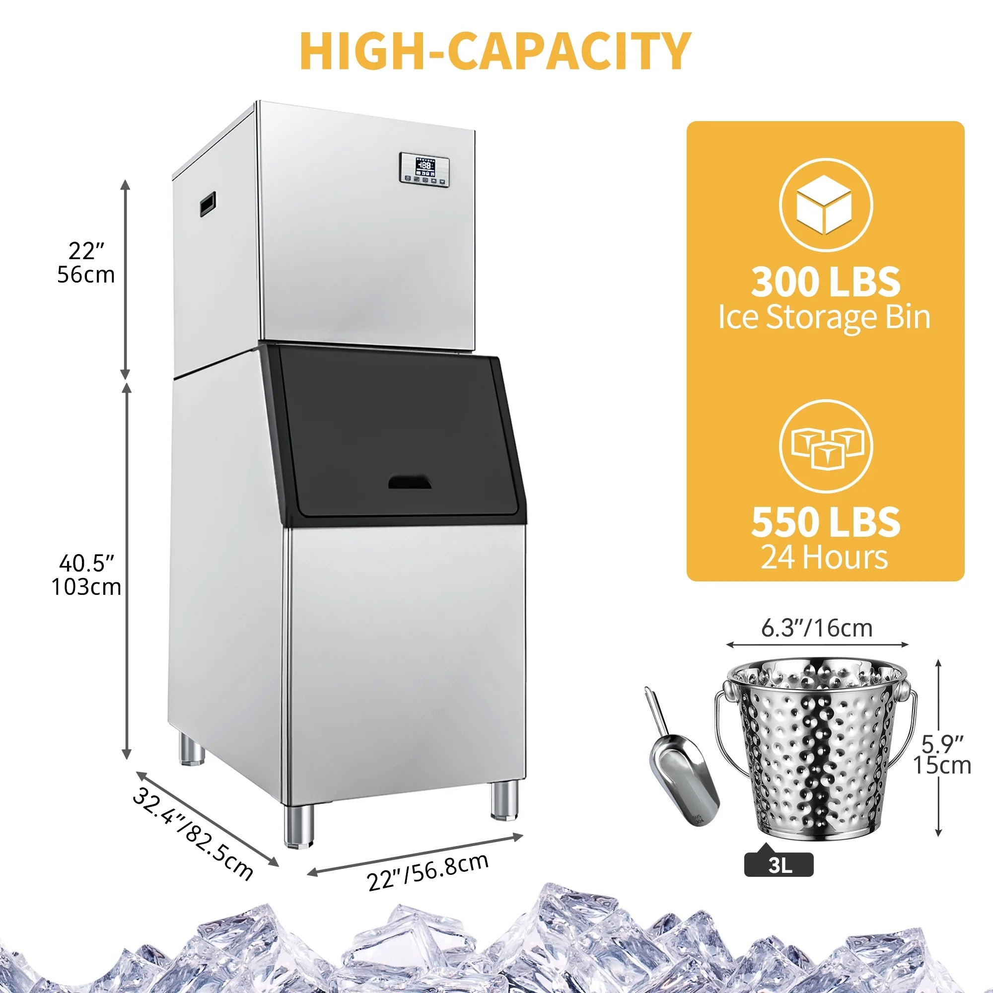 Commercial Ice Maker Machine 550LBS/24H, with 300LBS Storage Bin,Stainless Steel Ice Machine with Ice Scoop & Ice Bucket
